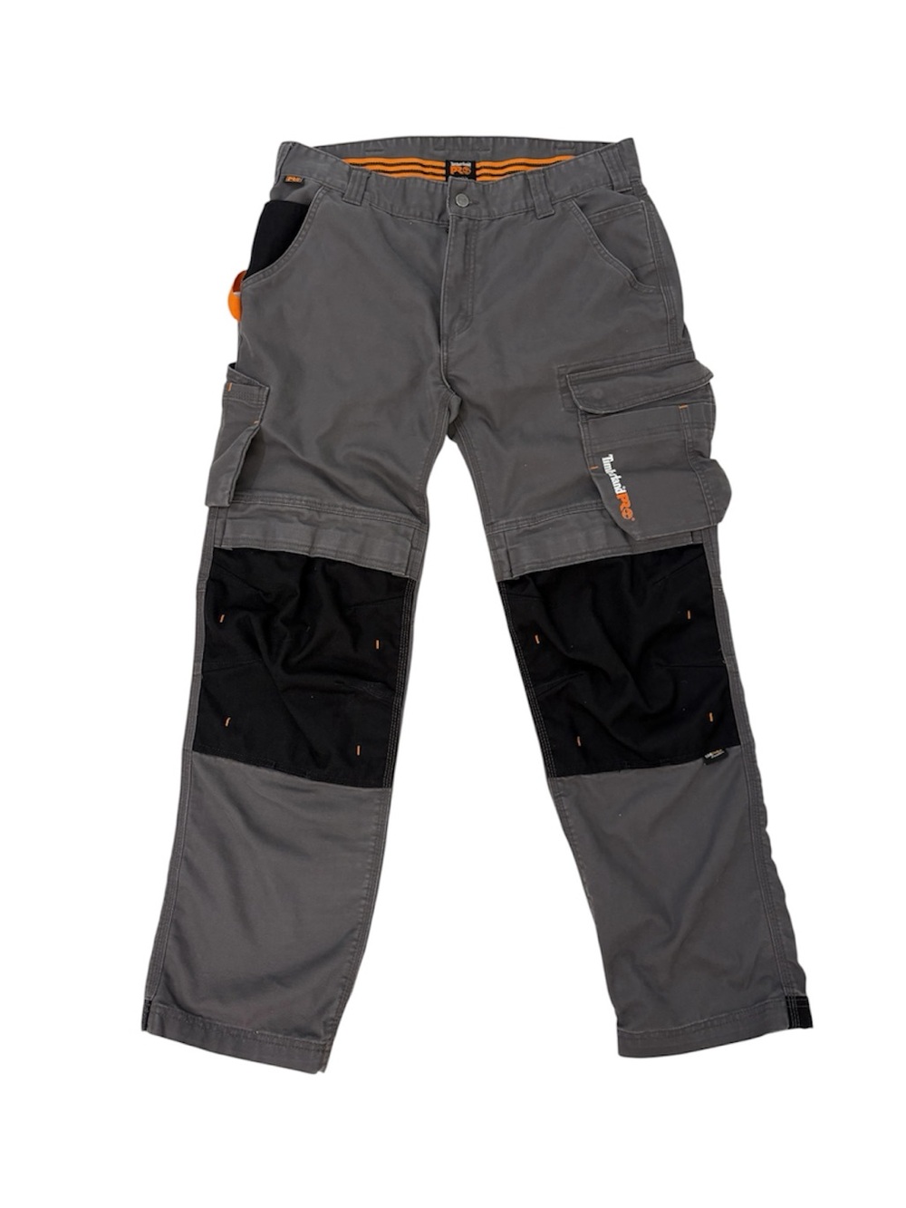 Timberland PRO Gray Work Cargo Pants with Black Knee Panels and Orange Accents